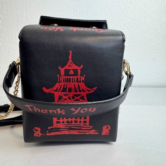 Unbranded Handbags - Black Chinese Takeout Box Crossbody Bag Red Pagoda Thank You Novelty Purse